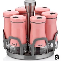 Neva N2404 Sweet Pembe Maxi 6'lı Dönen Metal Cam Baharatlık Seti